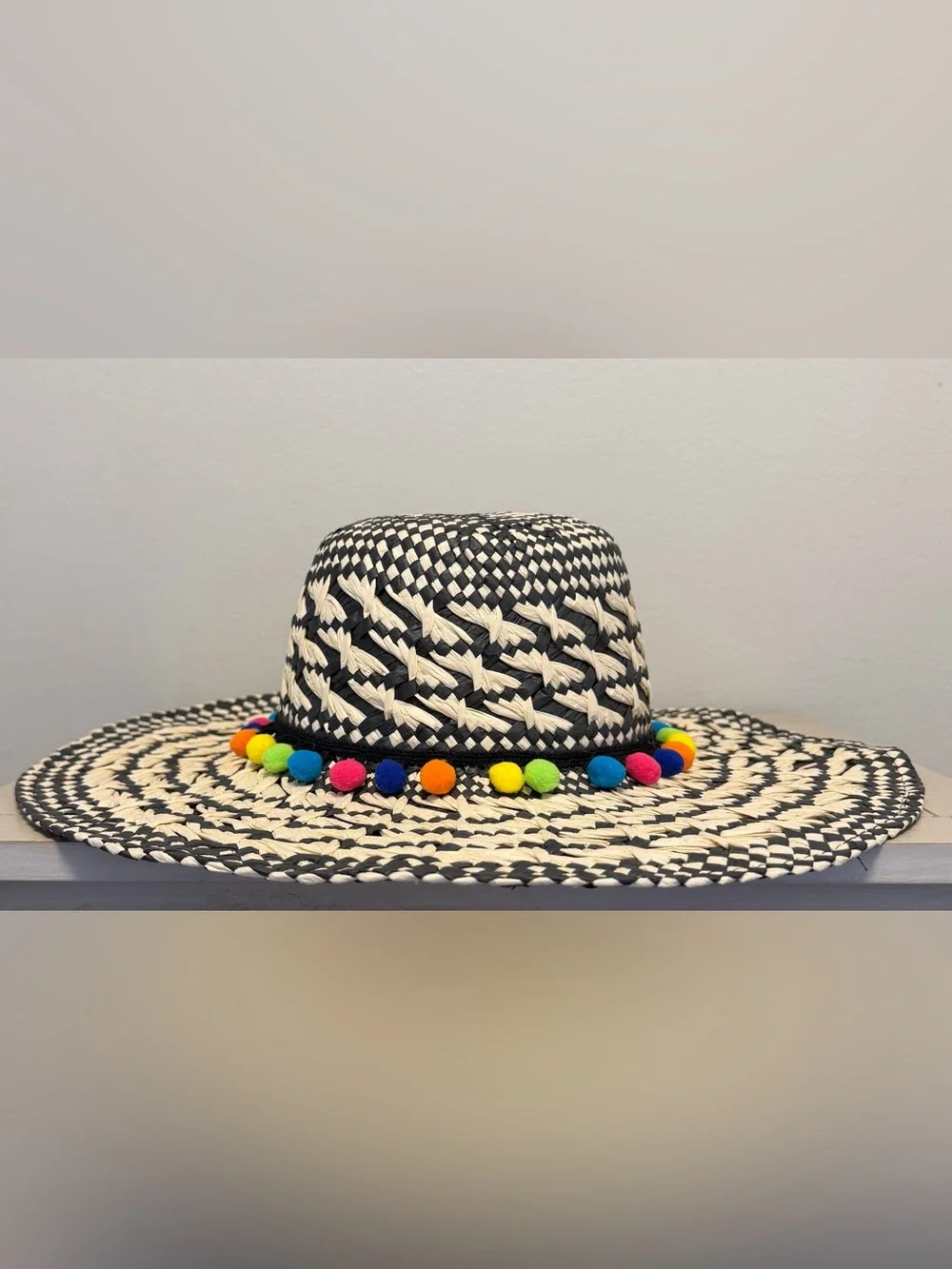 Wide Brim Woven Black Straw Sun Beach Hat Atmosphere Primark Rainbow Pom Pom